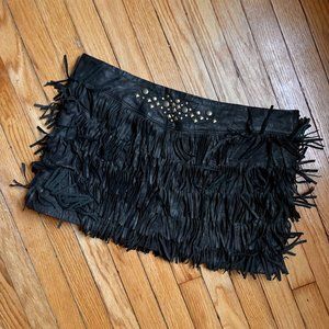DOMA 100% Lambskin Leather Fringe Mini Skirt - Black Size Large